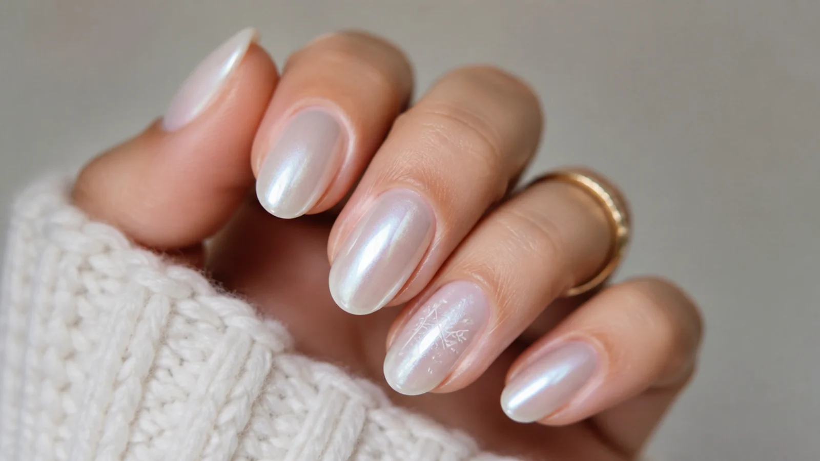 Pearlescent glazed white December nails with a soft sheen