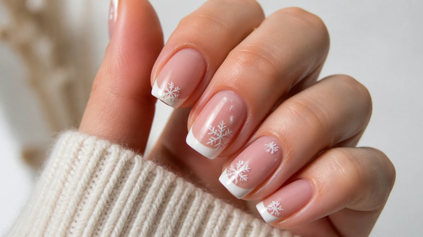 Nude December nails with white French tips and tiny snowflakes