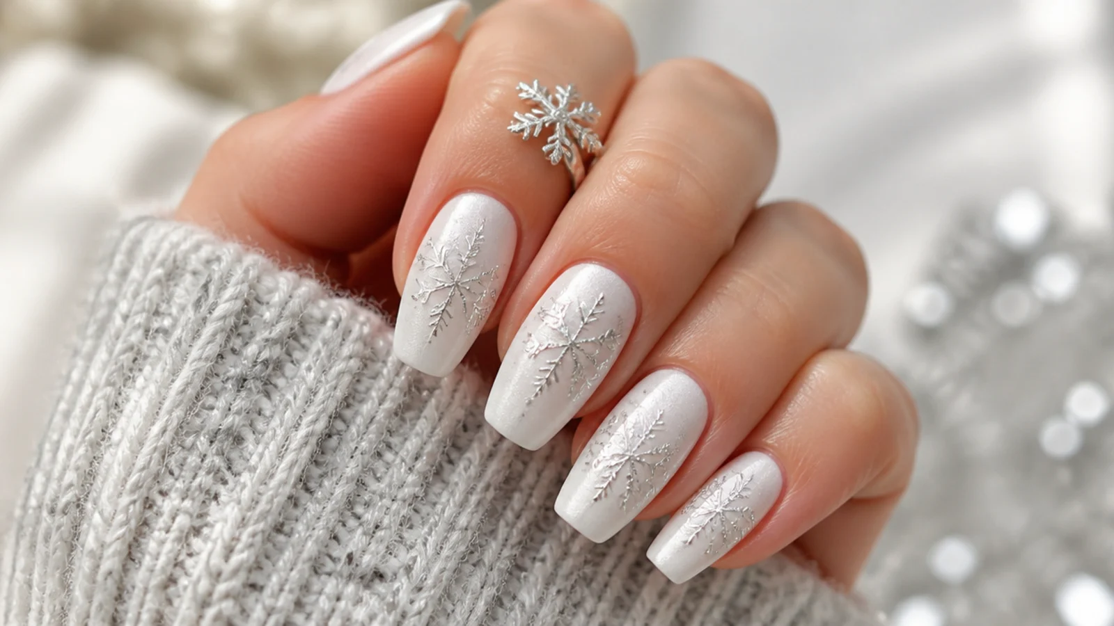 White December nails with silver chrome snowflake stamped accents