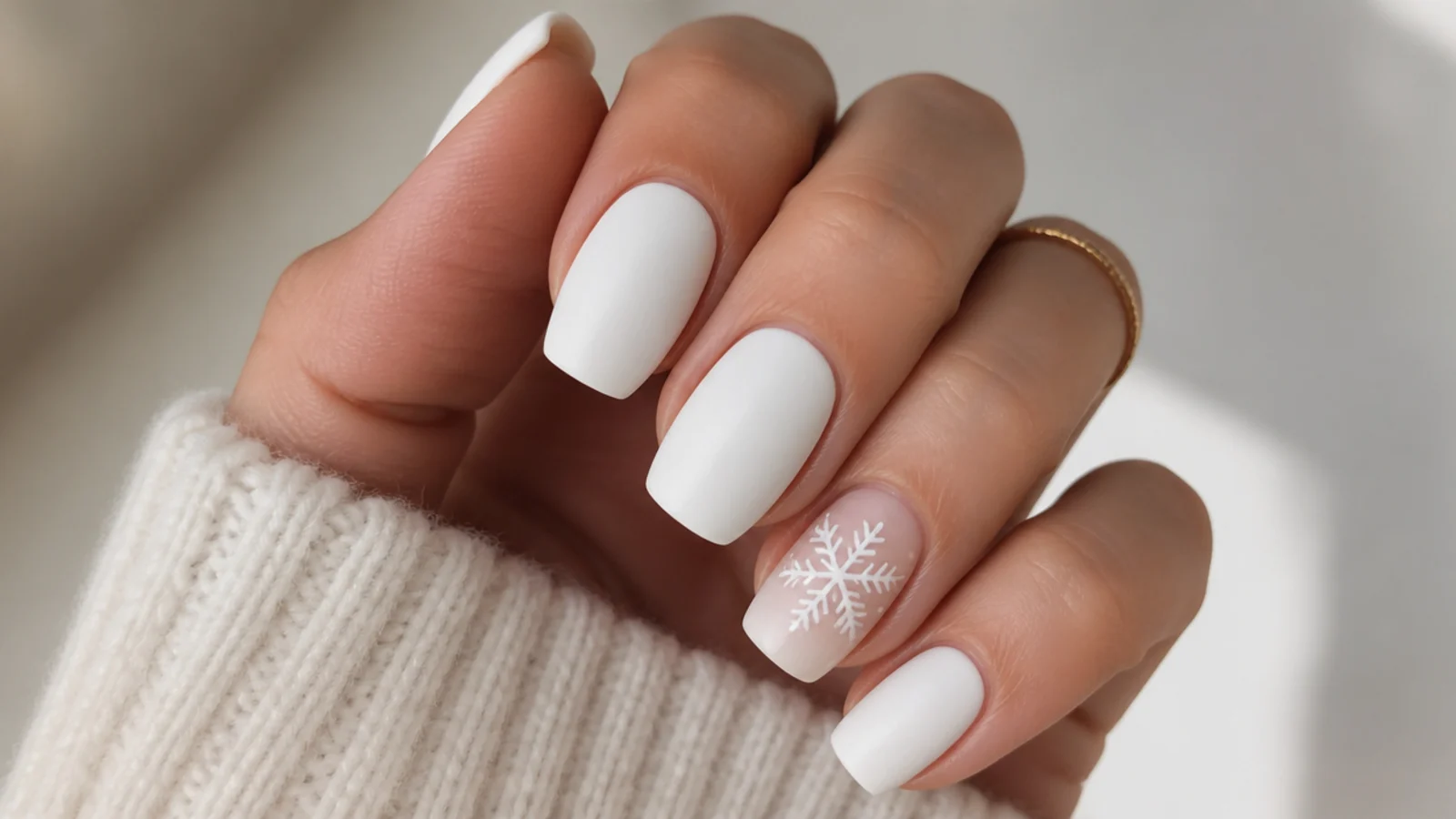 Matte white December nails with one glossy snowflake accent