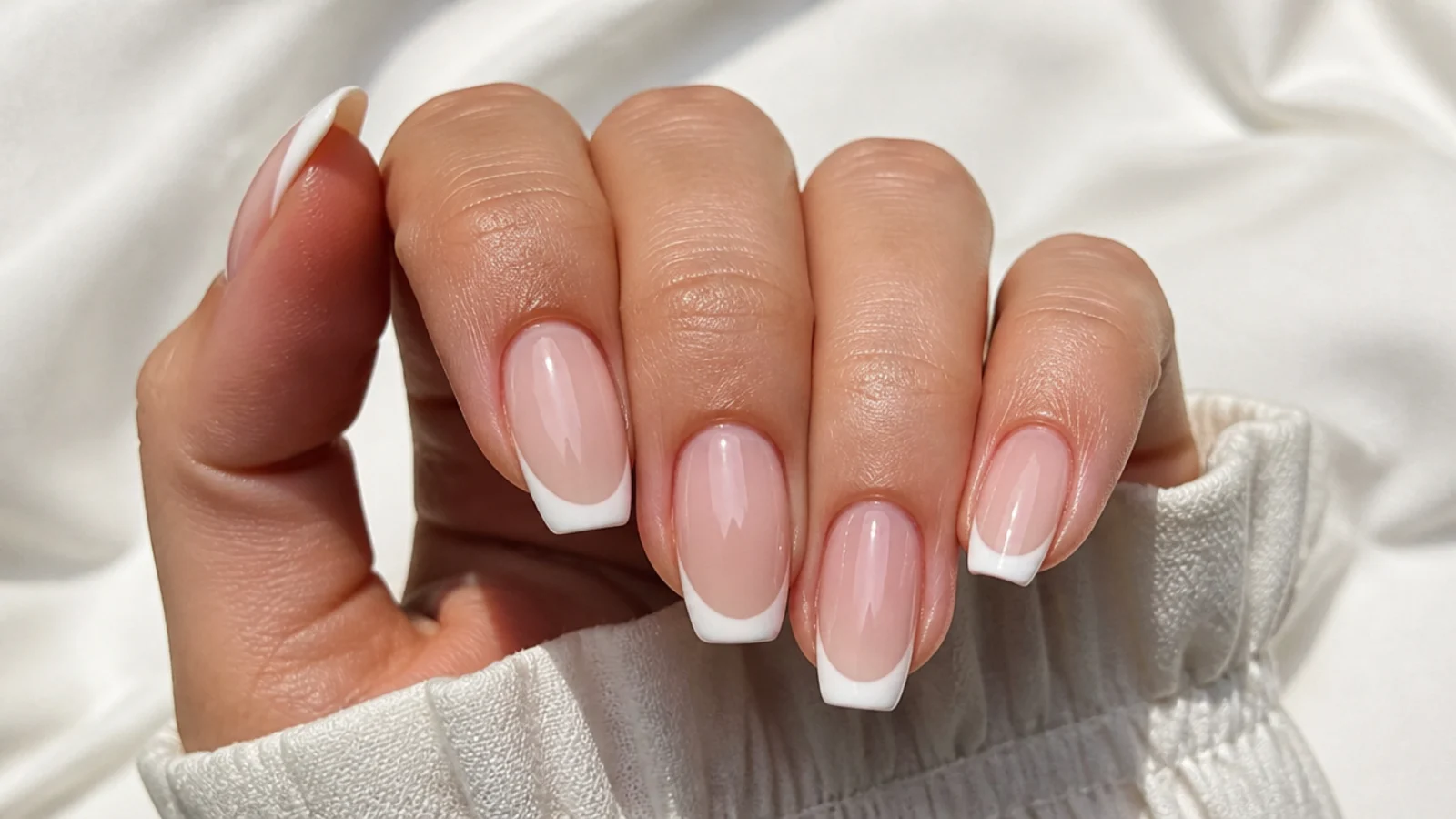Sheer nails with pearl white French tips and a soft sheen