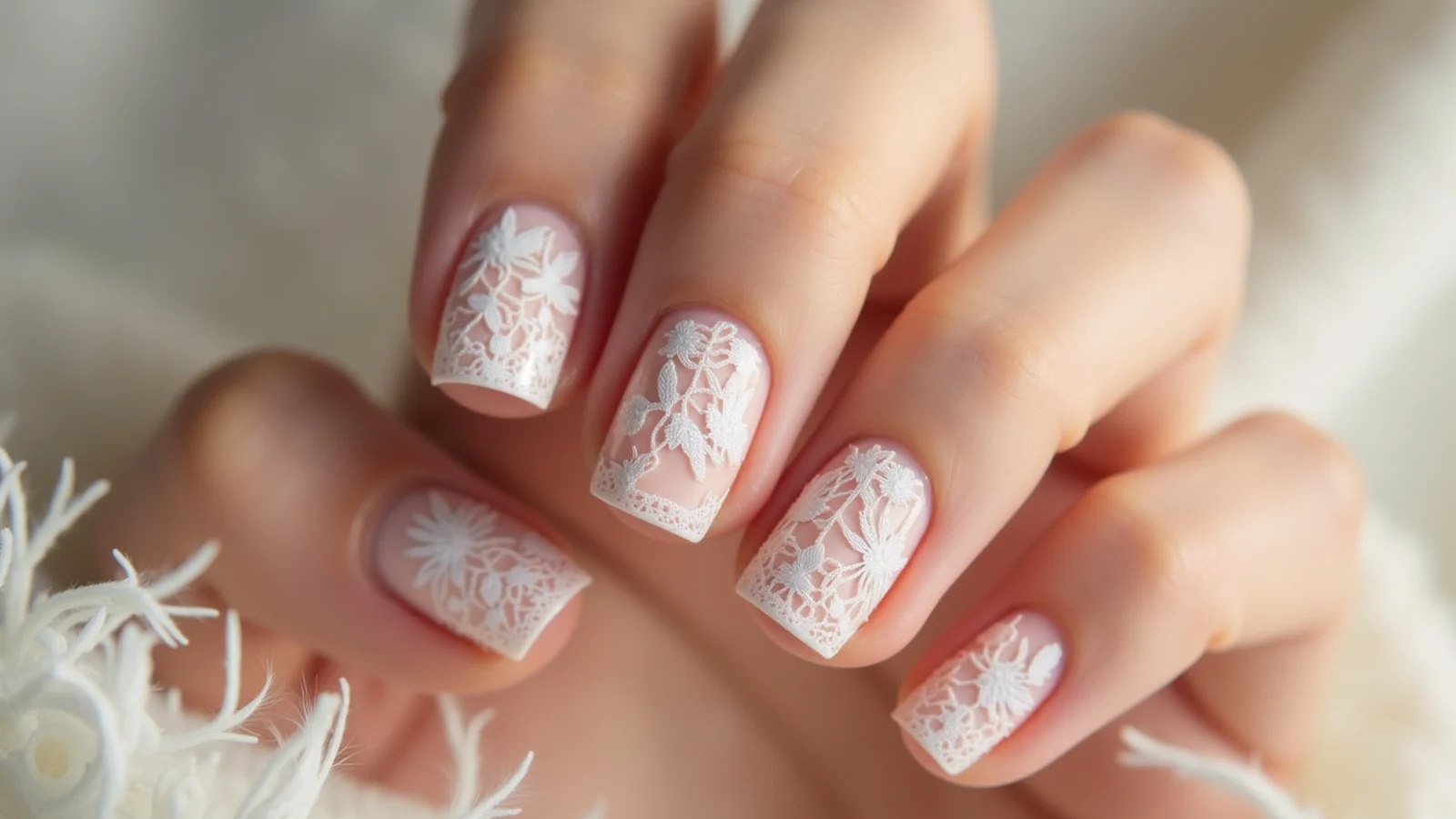 Sheer nude December nails with delicate white lace detailing
