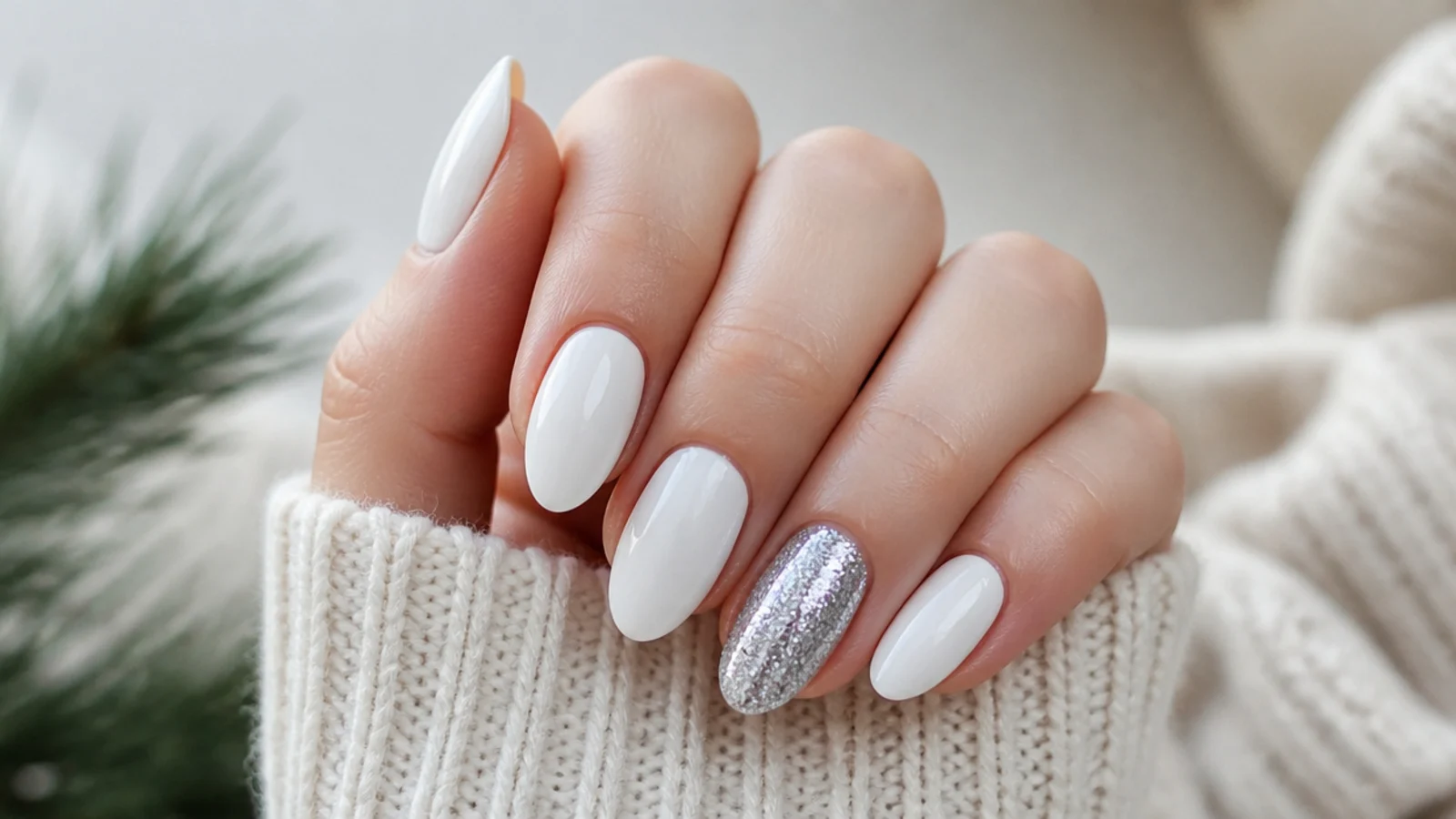 White December nails with one full silver glitter accent nail