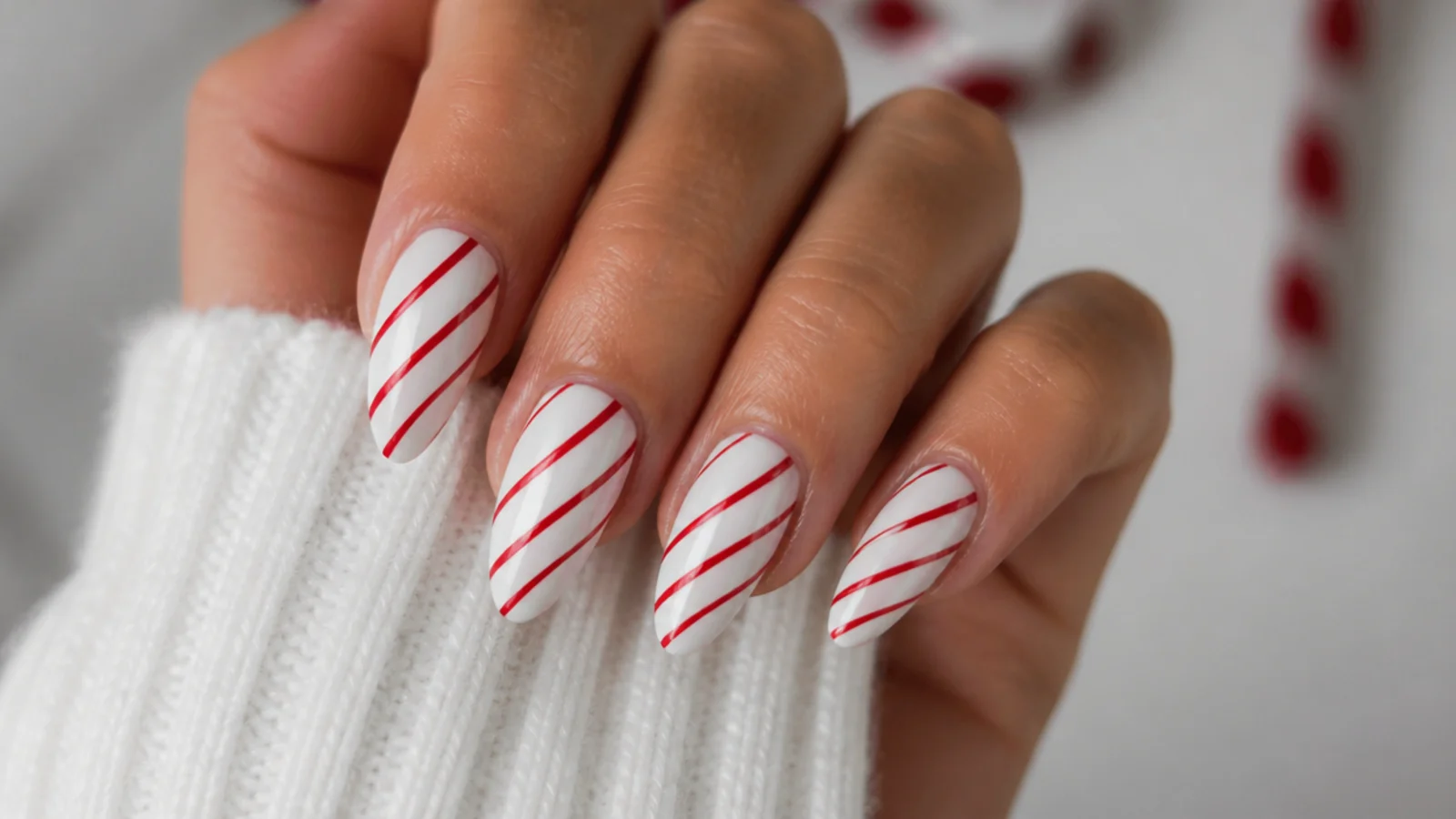 White December nails with thin red diagonal candy cane stripes