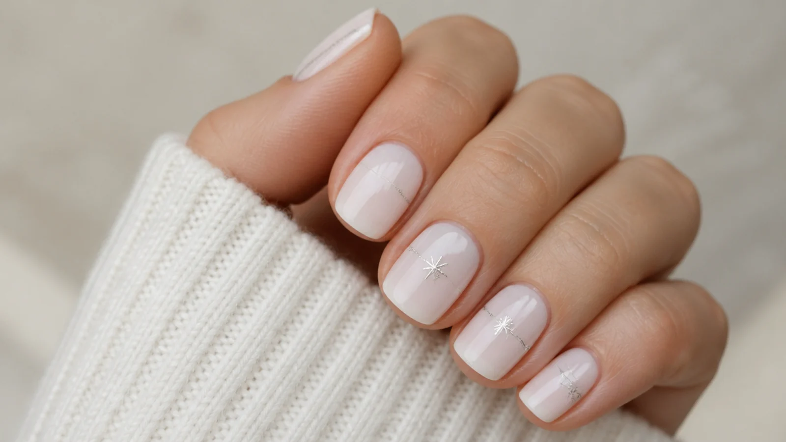 Short squoval December nails in soft milky white with a clean finish