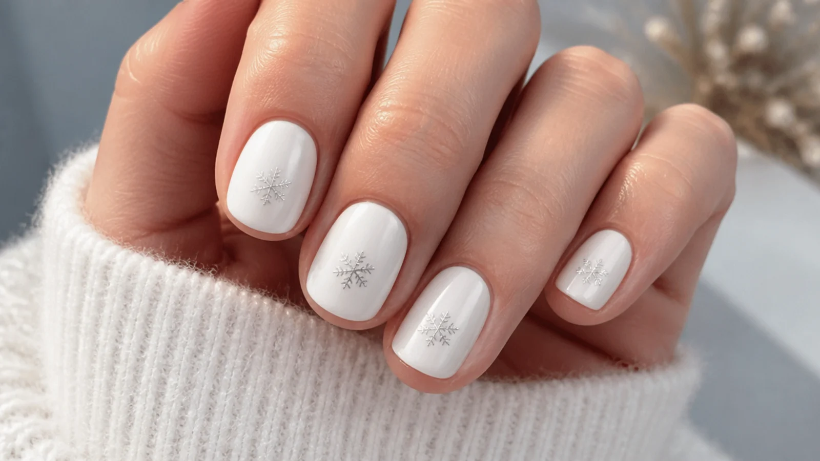 Short white December nails with a single tiny snowflake per nail