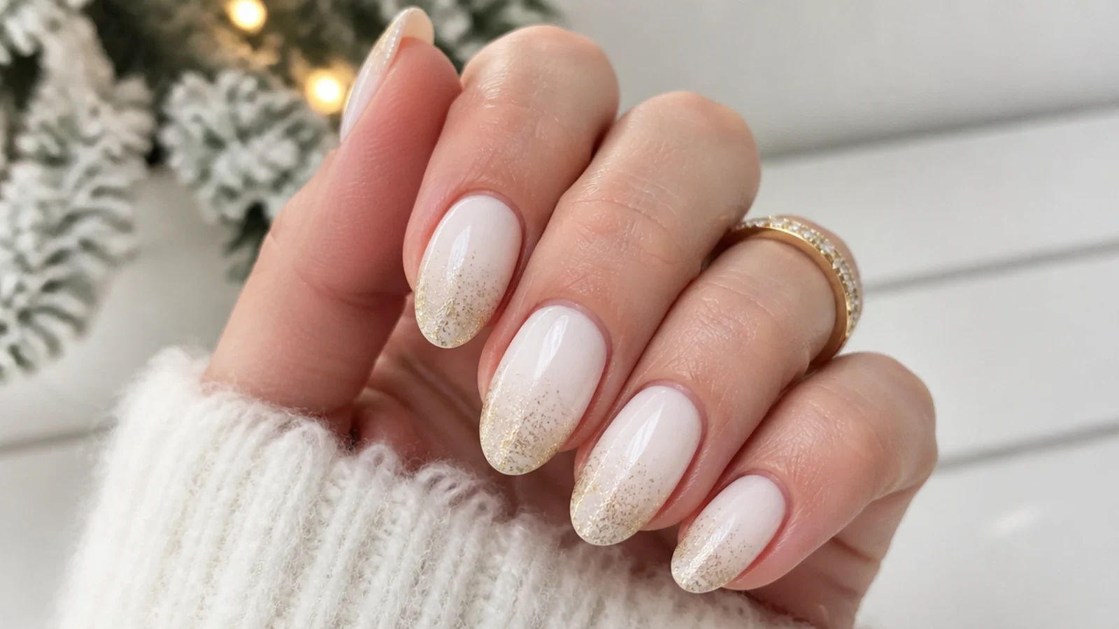 White December nails with champagne gold glitter faded on the tips