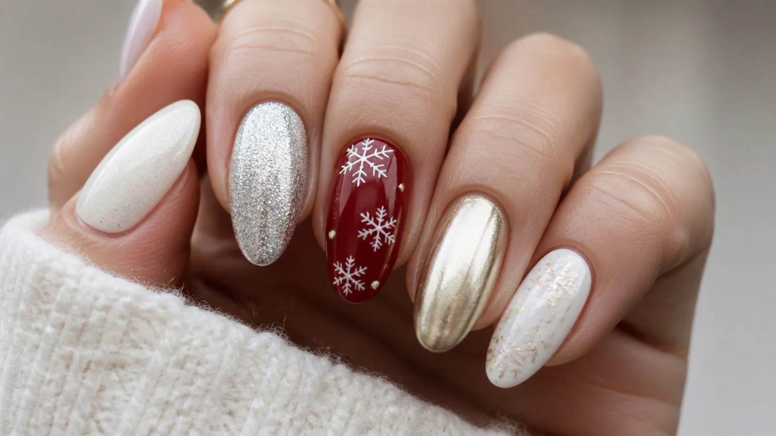 Range of December nail colors from white and silver to red and gold