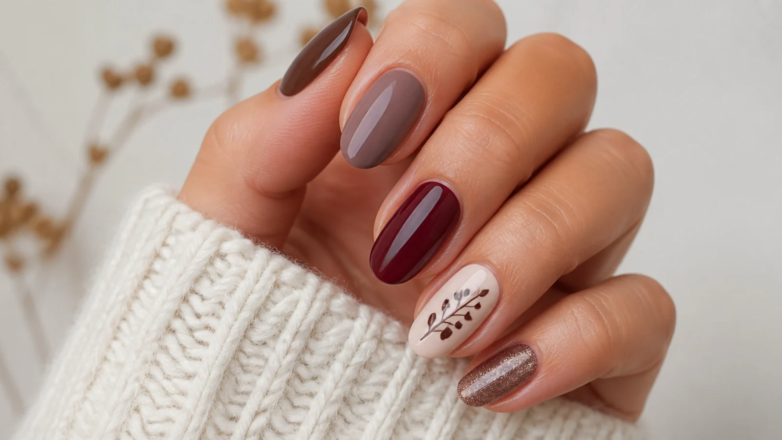 Cozy December nail shades in chocolate brown, mauve and cranberry beside white