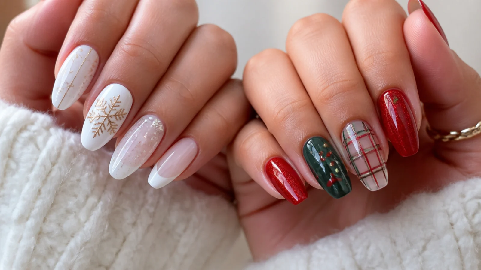 White December nails beside a red and green Christmas nail set