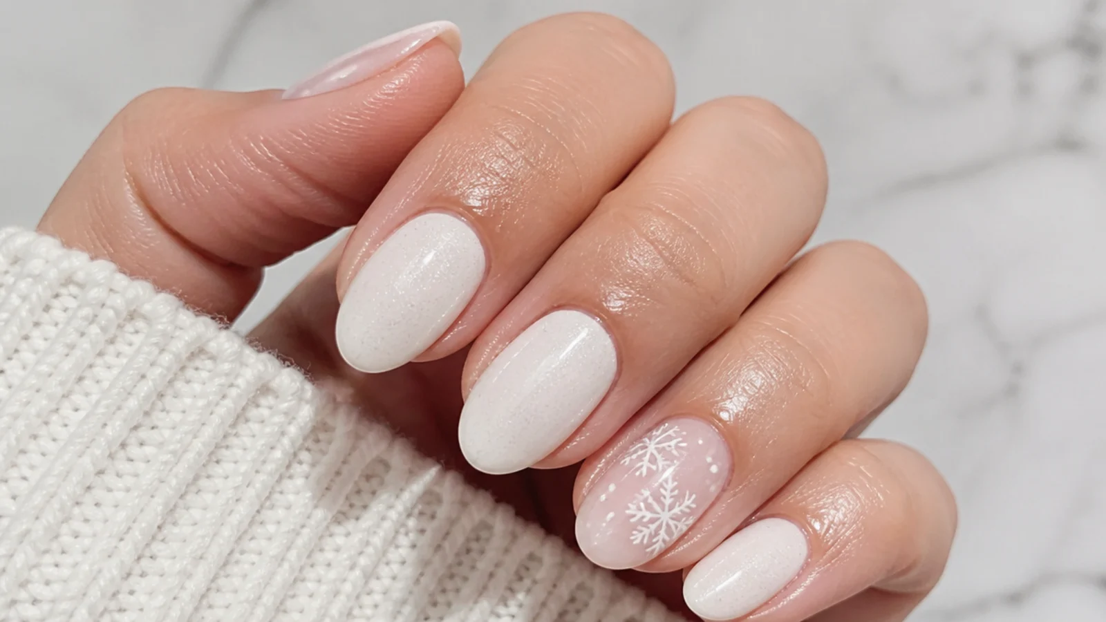 A well-sealed white December gel manicure with cuticle oil