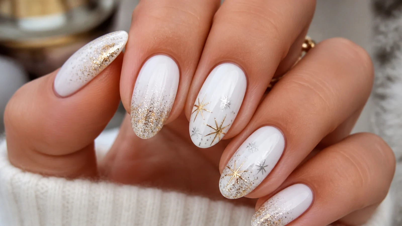 White New Year nails with gold and silver glitter tips and stars
