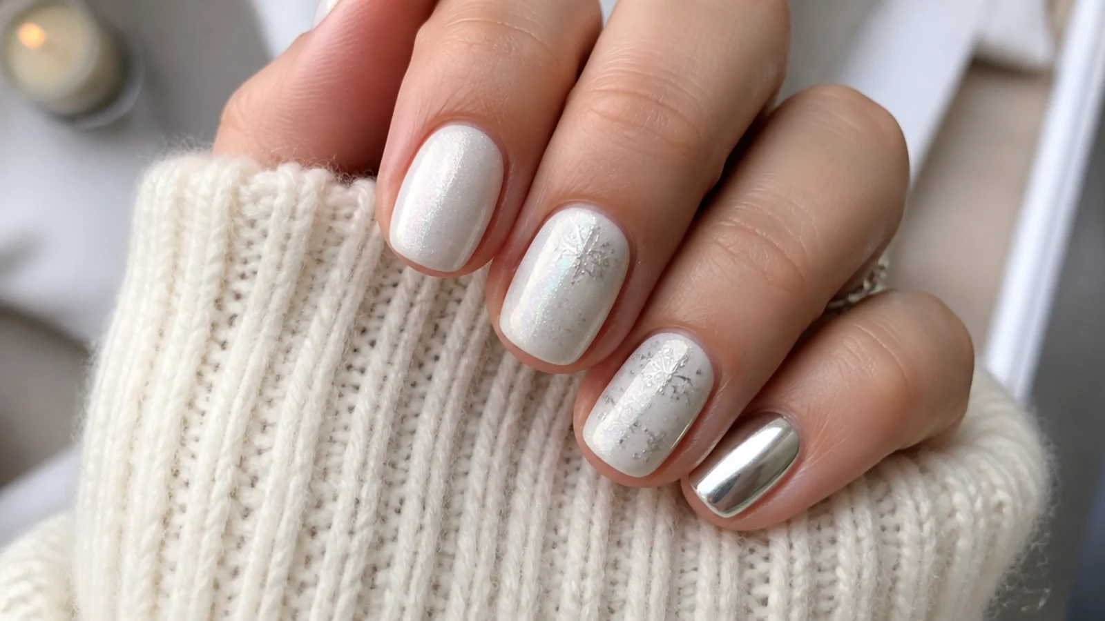 Short white December nails with tiny snowflake and chrome accents