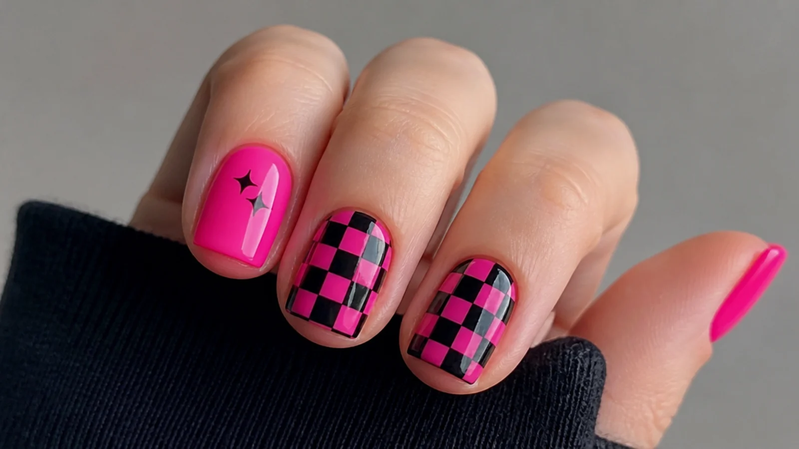 Hot pink and black checkerboard emo nails on a short square shape