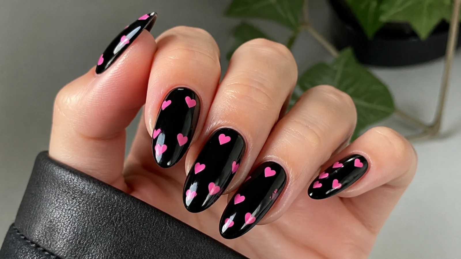 Glossy black emo nails scattered with small hot pink hearts