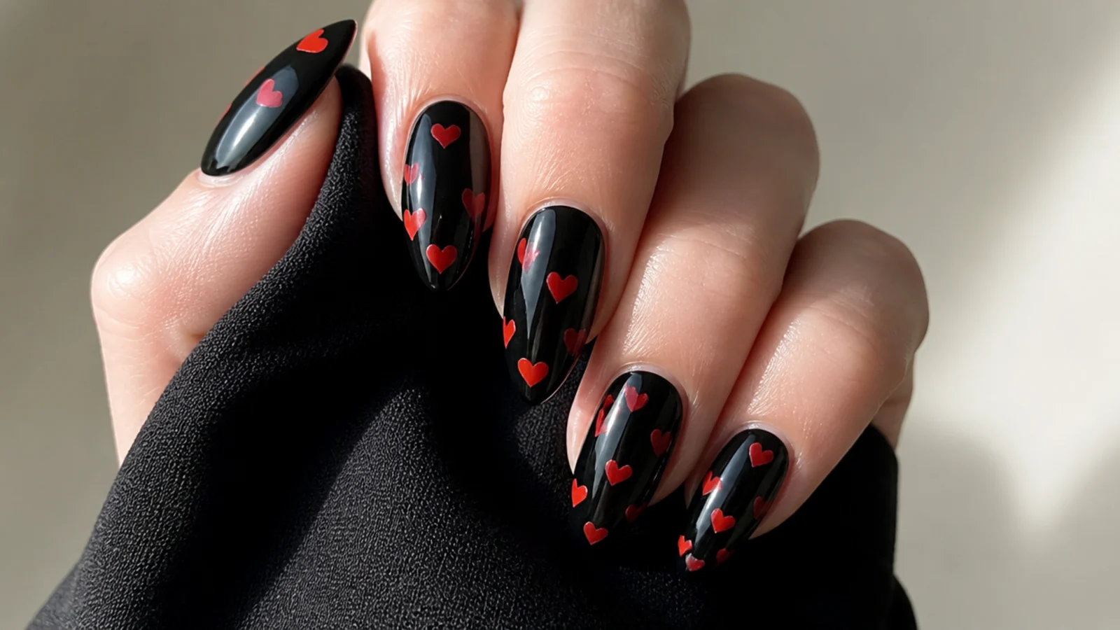 Glossy black emo nails with small glossy red hearts scattered across