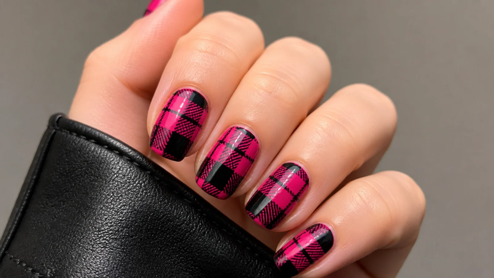 Hot pink and black plaid tartan emo nails on a short shape
