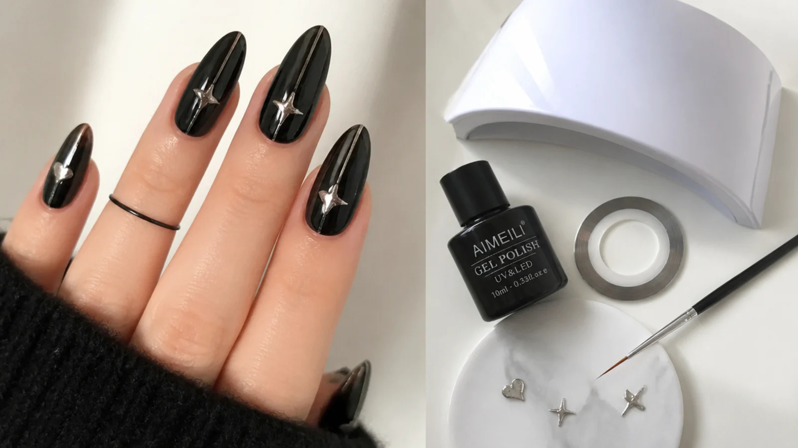 Black gel, liner brush, striping tape and lamp laid out for emo nails at home