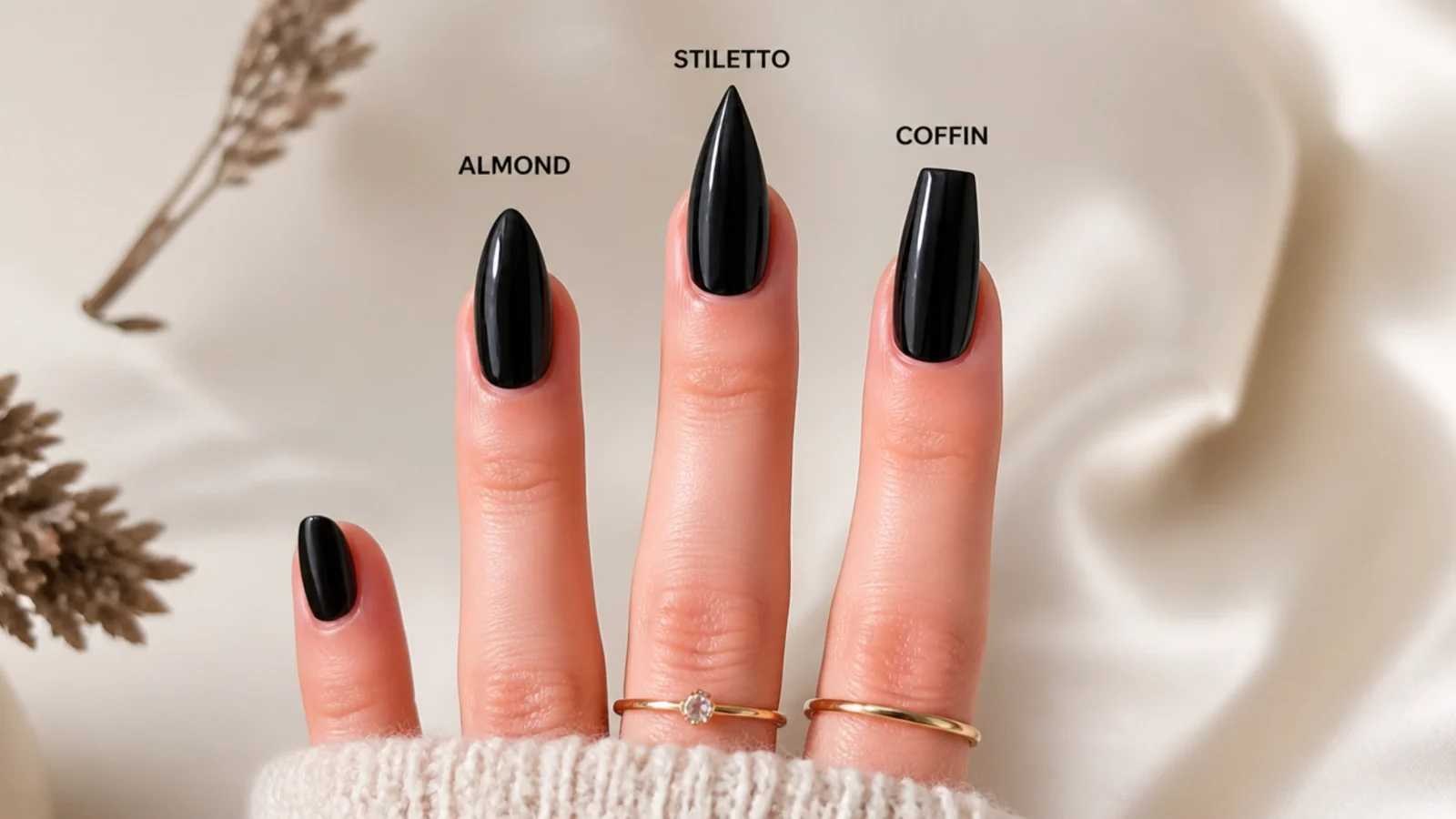 Almond, stiletto and coffin black emo nail shapes side by side