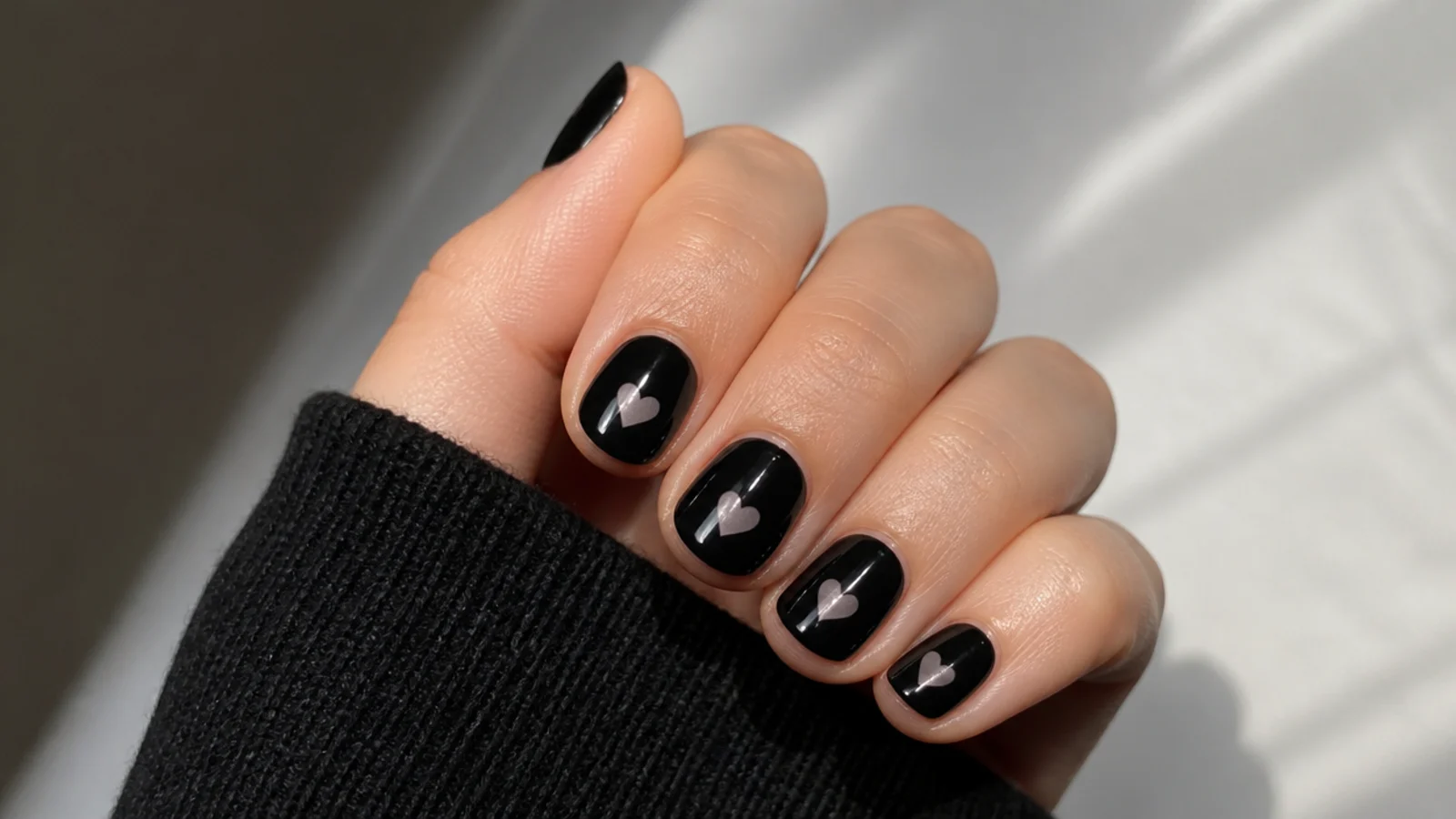Short round black emo nails with small subtle heart motifs