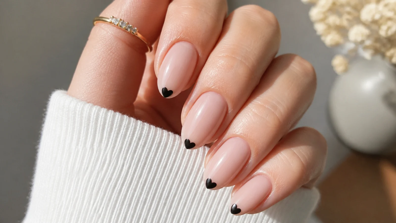 Milky pink nails with tiny black heart tips instead of white French tips