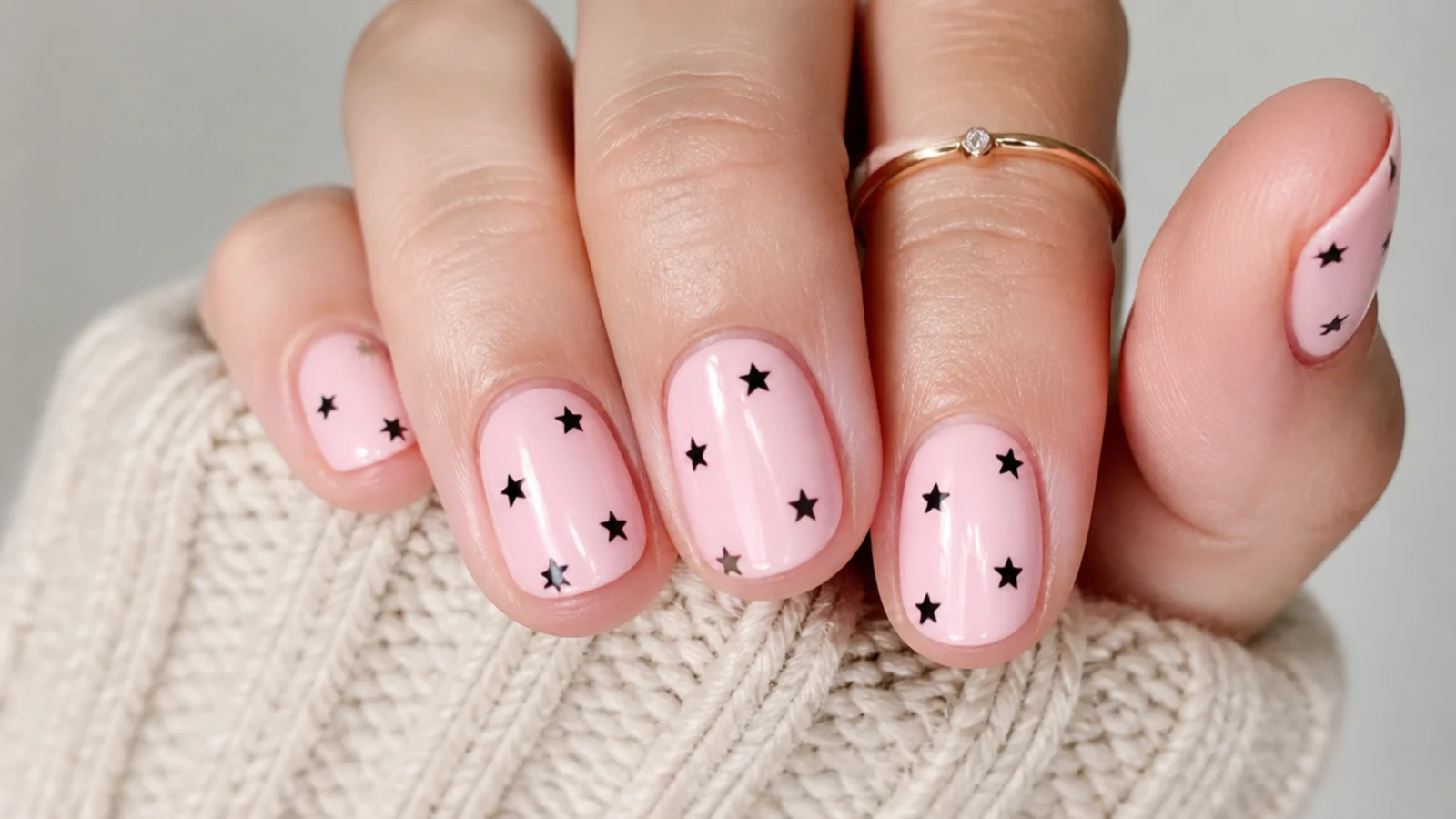 Soft pink nails scattered with small black five-point stars on short round nails