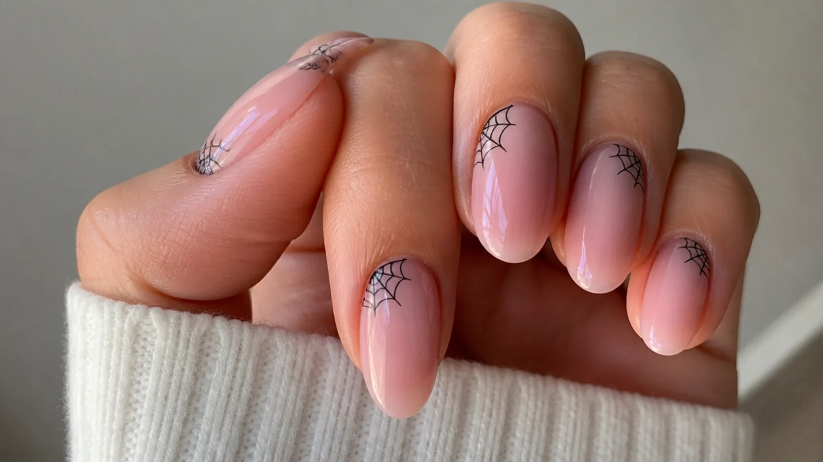 Sheer pink nails with fine black spiderwebs in the cuticle corners