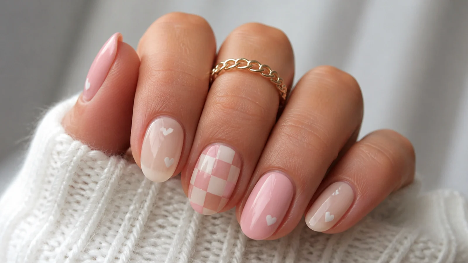 Milky pink nails mixing small hearts and a soft checkerboard accent