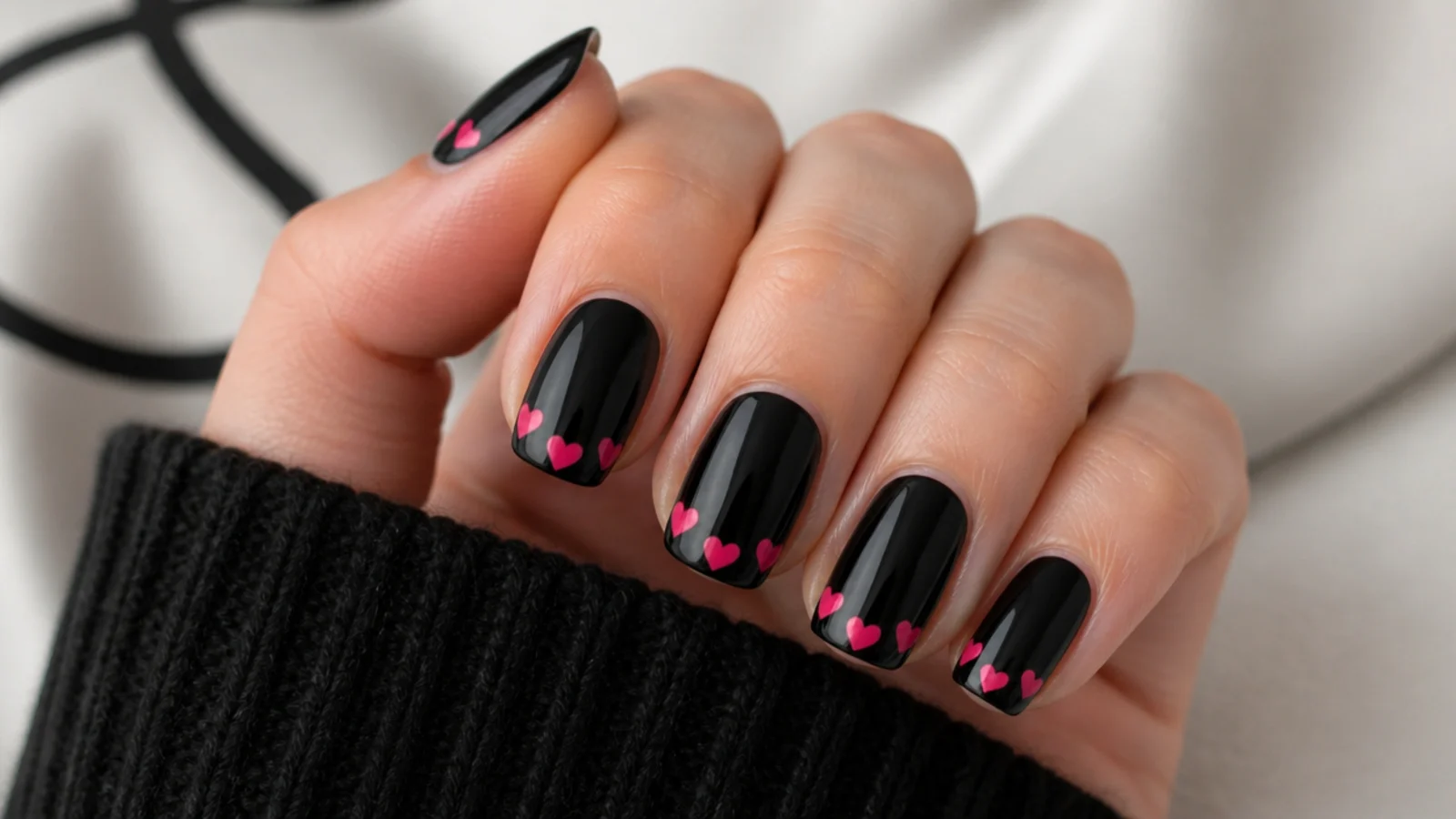 Glossy black nails with small hot-pink hearts painted across the tips