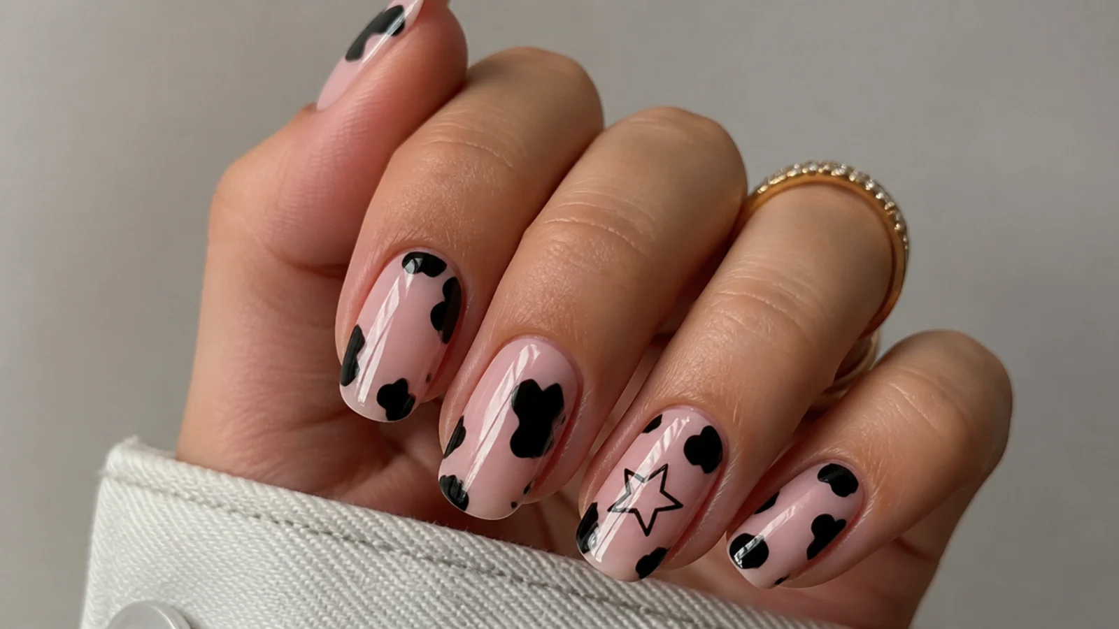 Pink nails with black abstract cow-print blotches and a small star accent