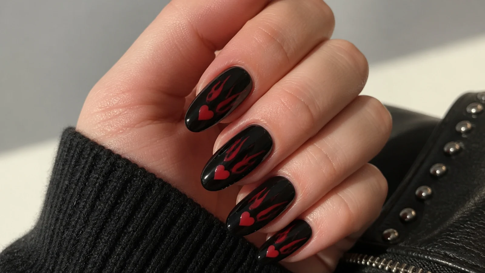Black nails with red hearts and small red flames licking up from the cuticle