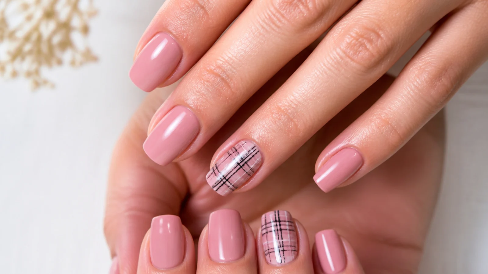 Pink nails with thin black and white grunge plaid crosshatch on two accents