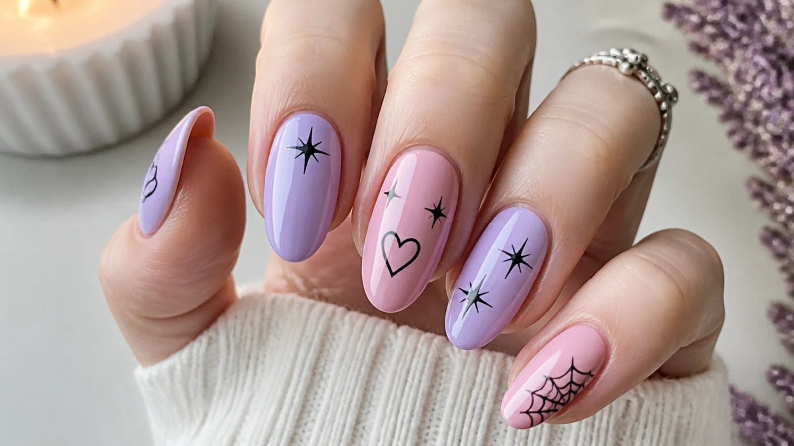 Pale lavender and pink nails mixing black stars, hearts and a small web