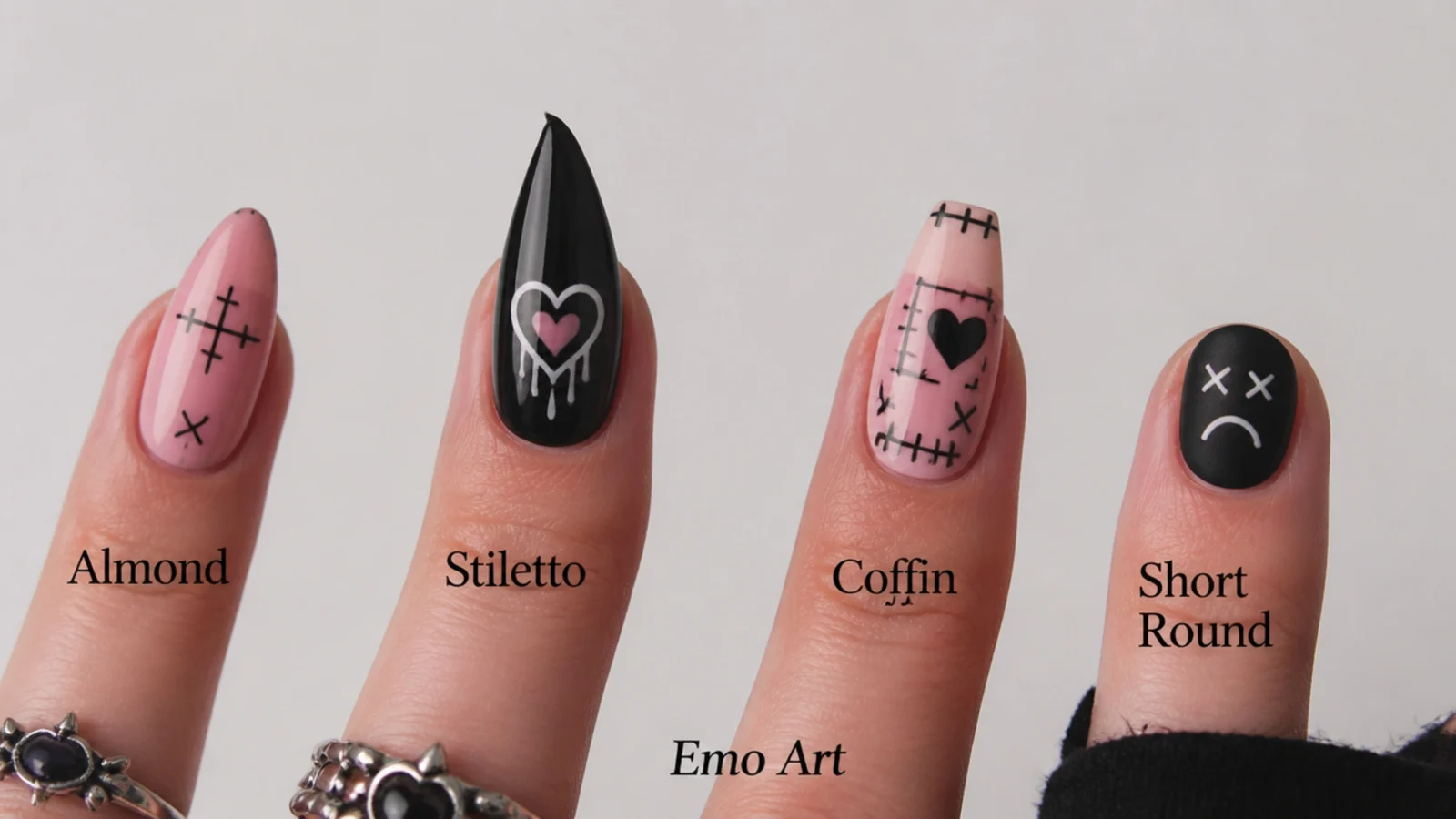 Almond, stiletto, coffin and short round nails compared with emo art