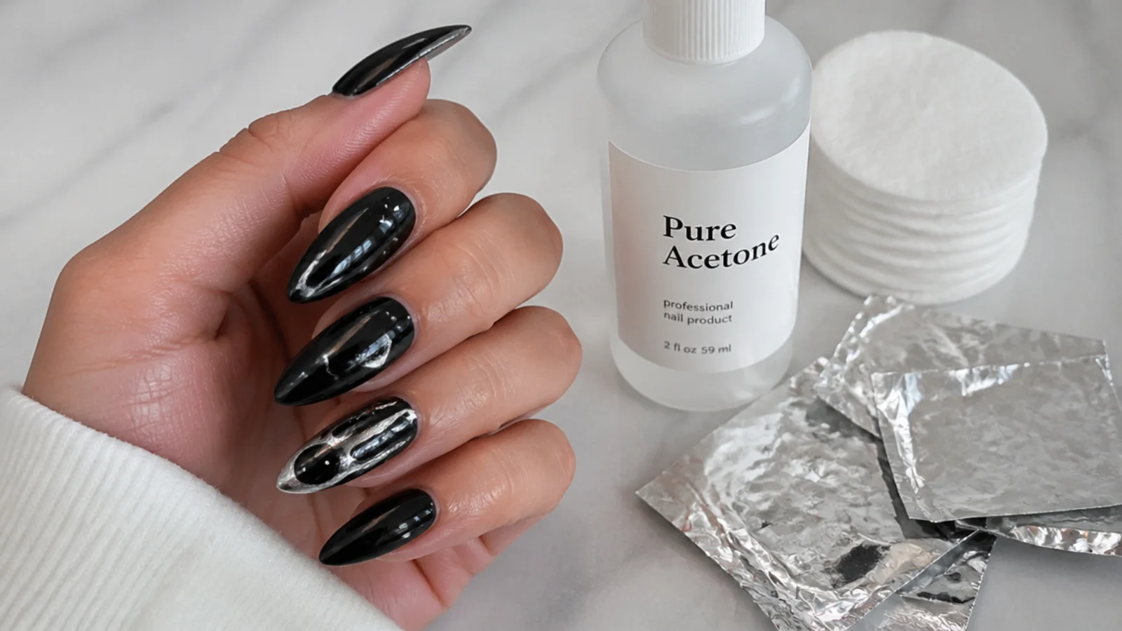 A sealed emo gel manicure beside acetone, cotton and foil for safe removal
