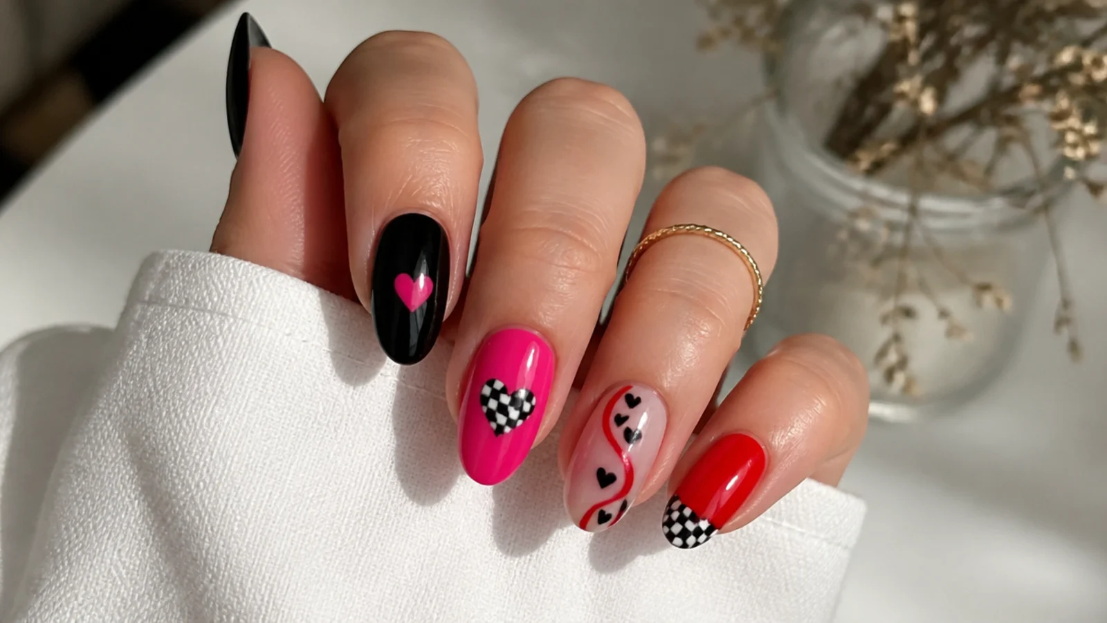 Swatches of black, hot pink and red gel beside checkerboard and heart motifs