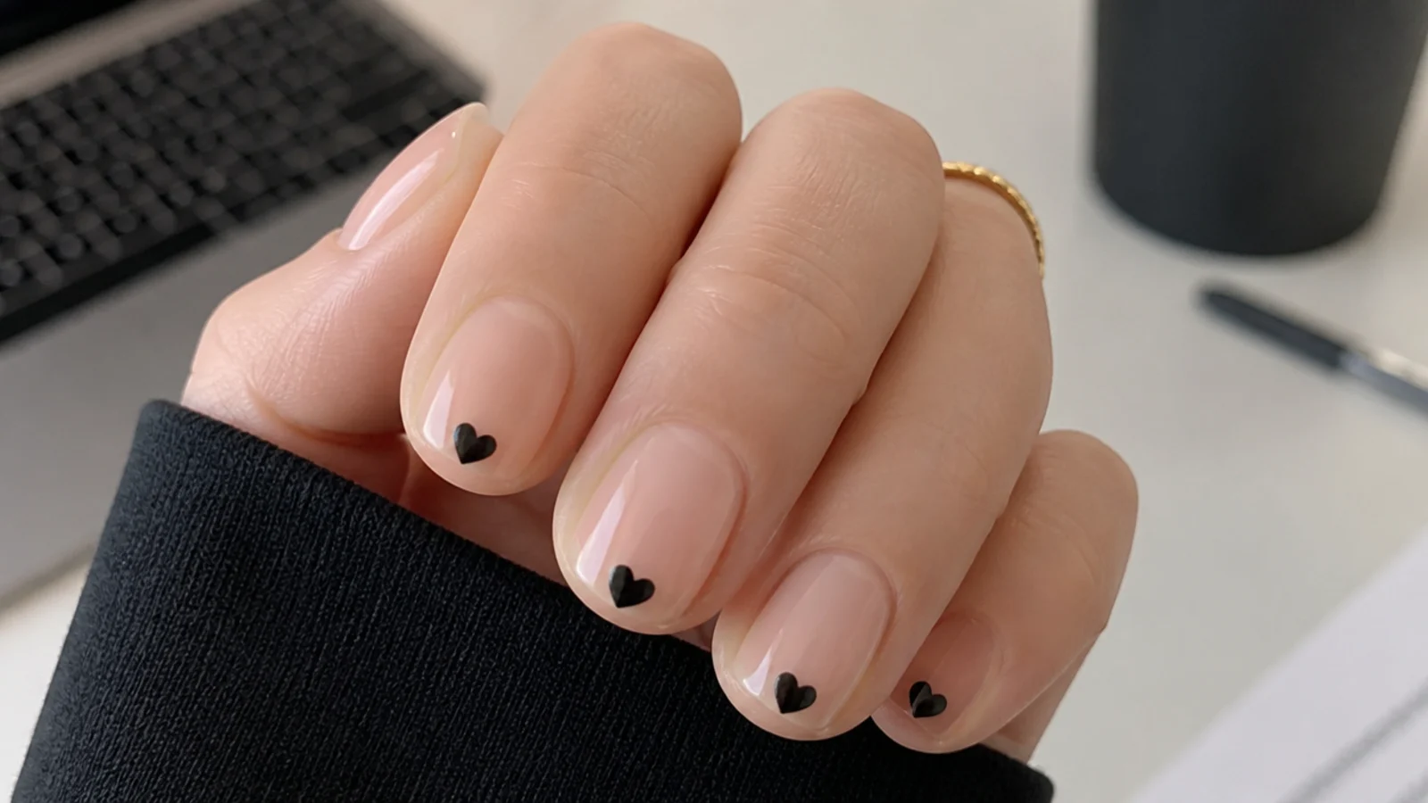 Short round nails with a small black heart tip in an office setting