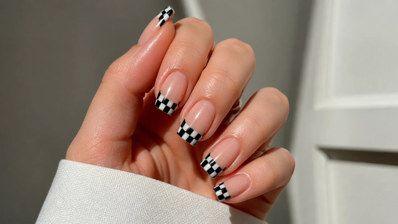 Black and white checkerboard French tip acrylic nails