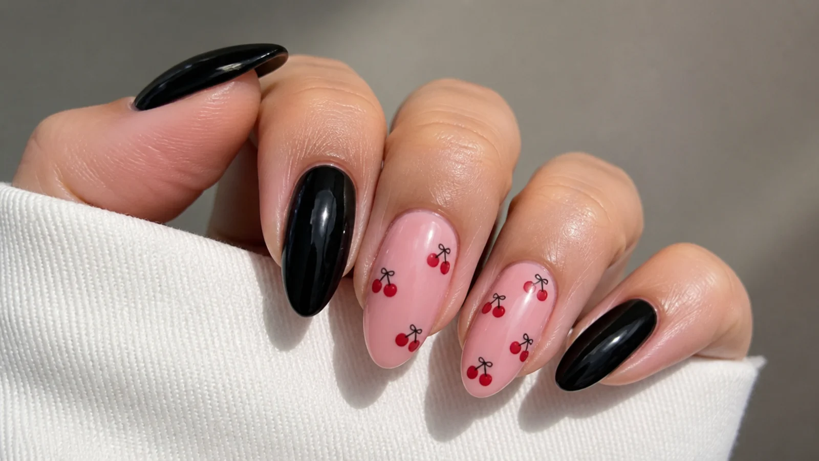 Red cherries with black stems on a black and pink acrylic set