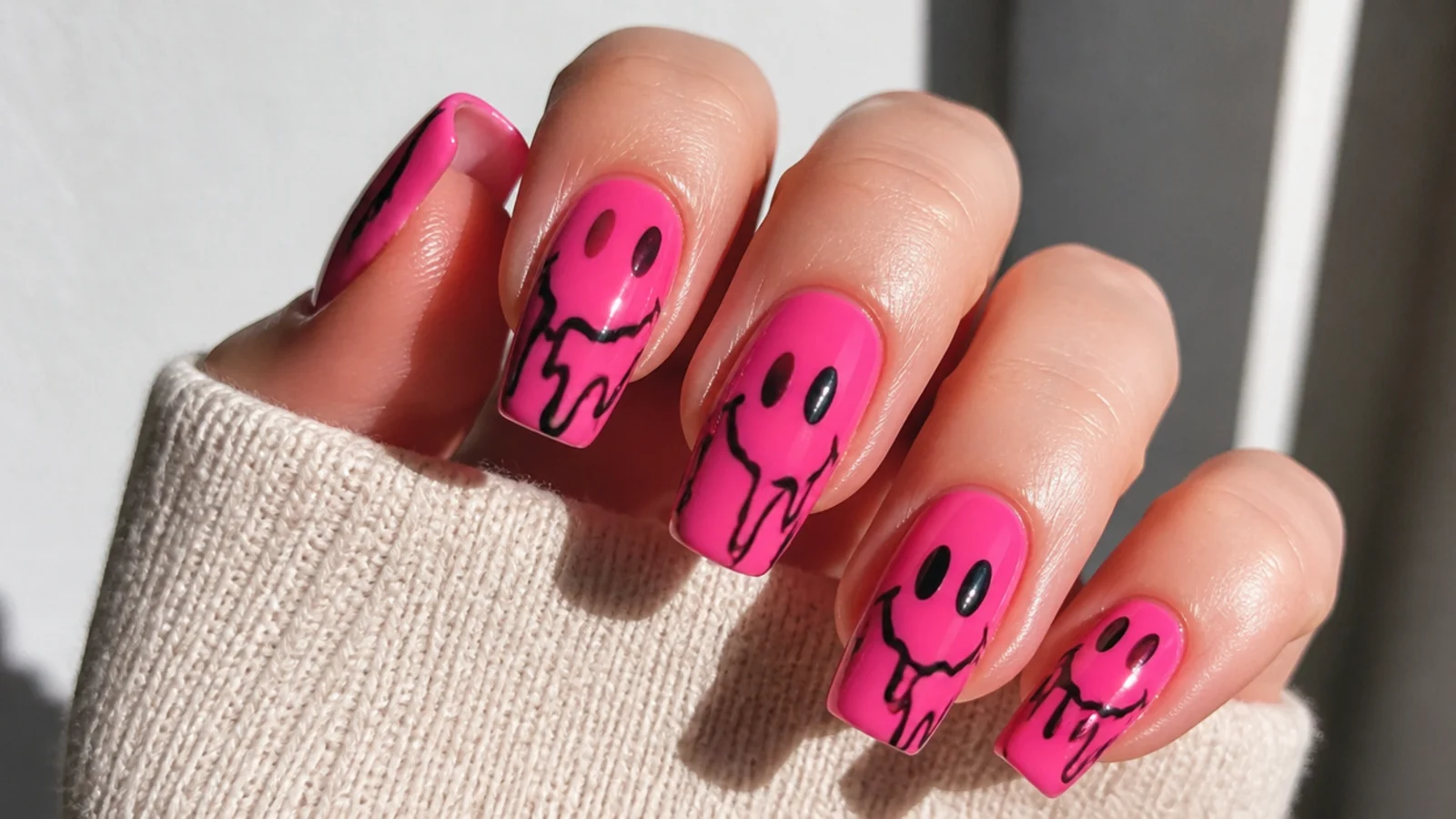 Melting black smiley faces on a hot pink acrylic base