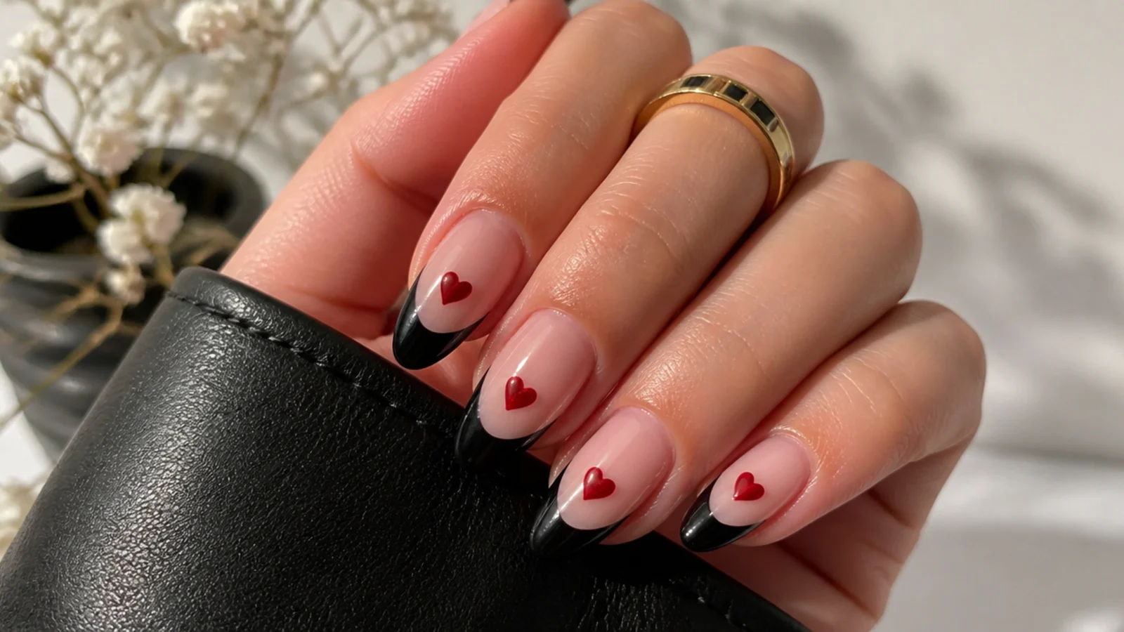 Small blood-red hearts on black French tips over almond acrylic nails