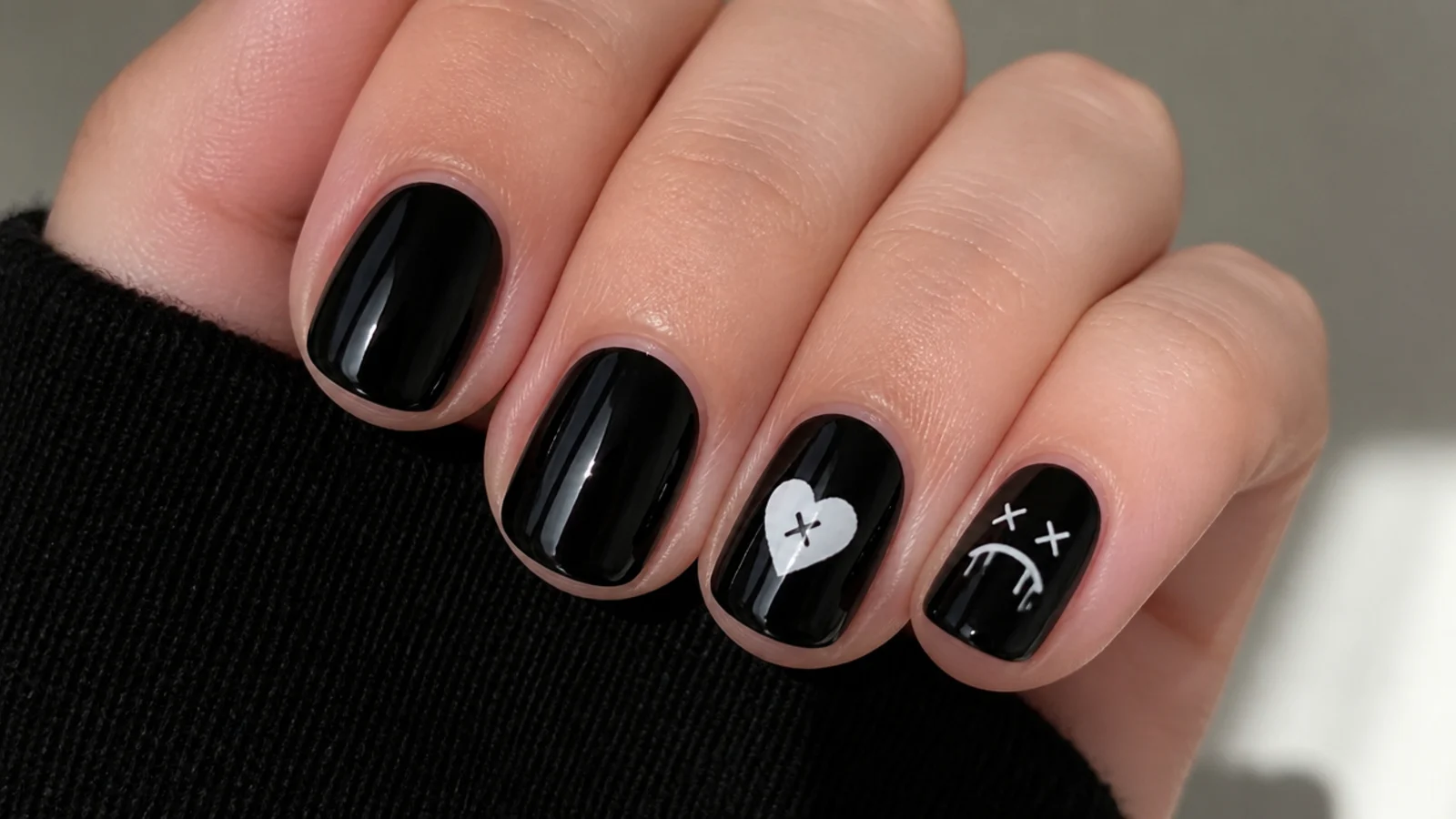 Short round black acrylic nails with tiny emo motifs on two nails