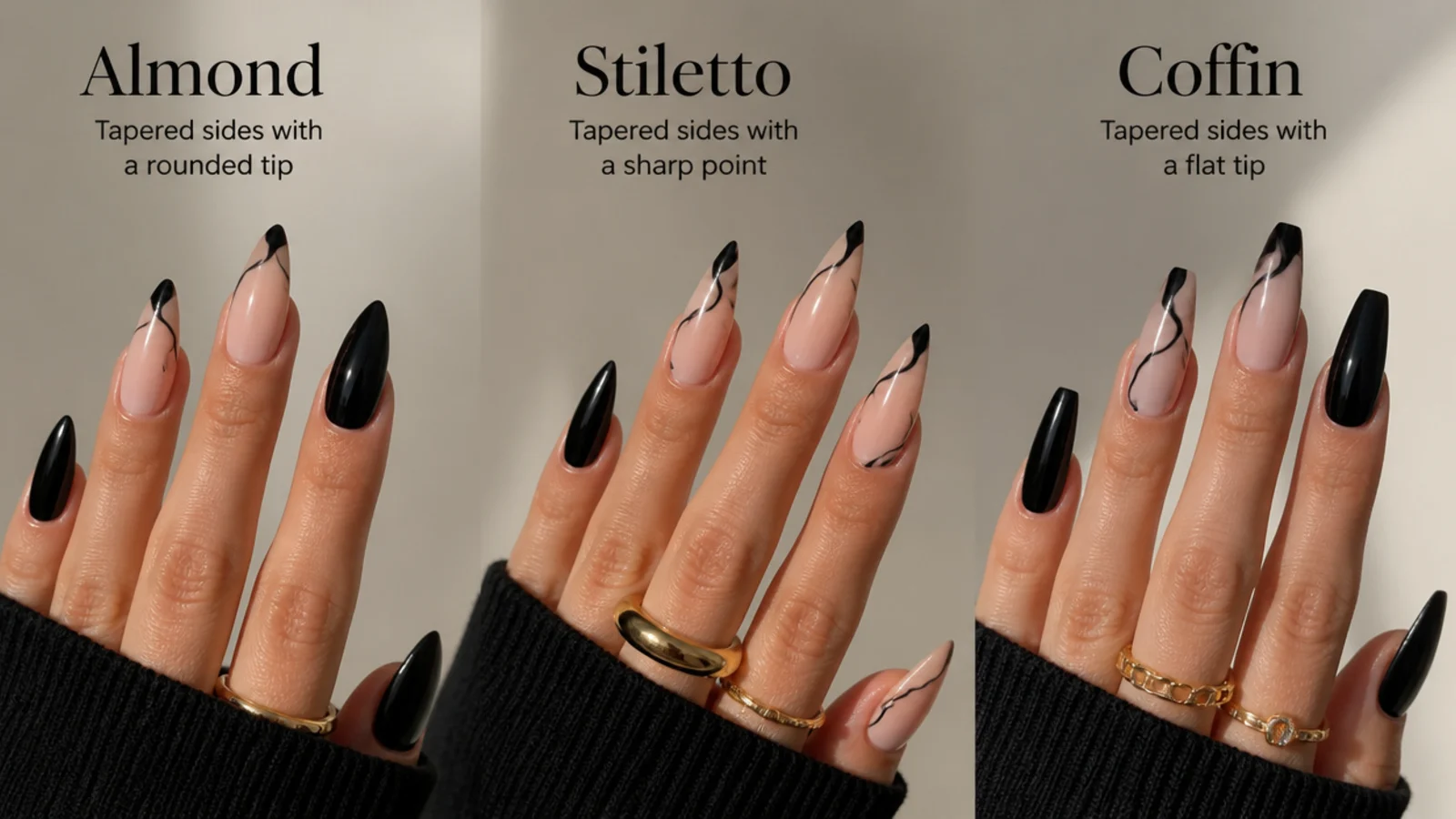 Almond, stiletto and coffin black acrylic nail shapes side by side
