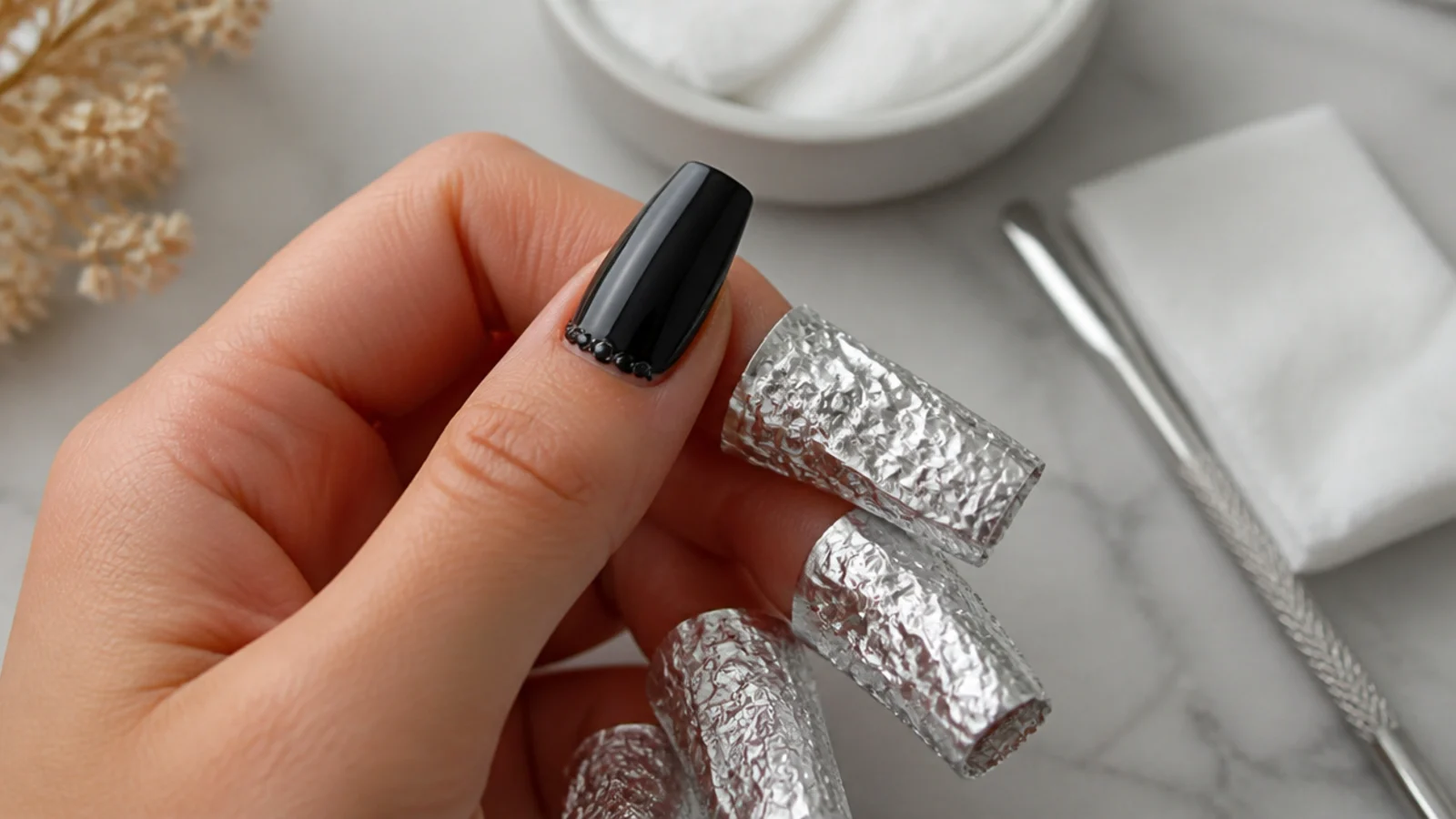 A black acrylic nail being soaked off in acetone-wrapped foil