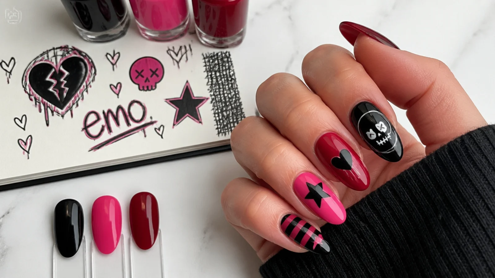 Swatches of black, hot pink and blood red gel beside emo motif drawings