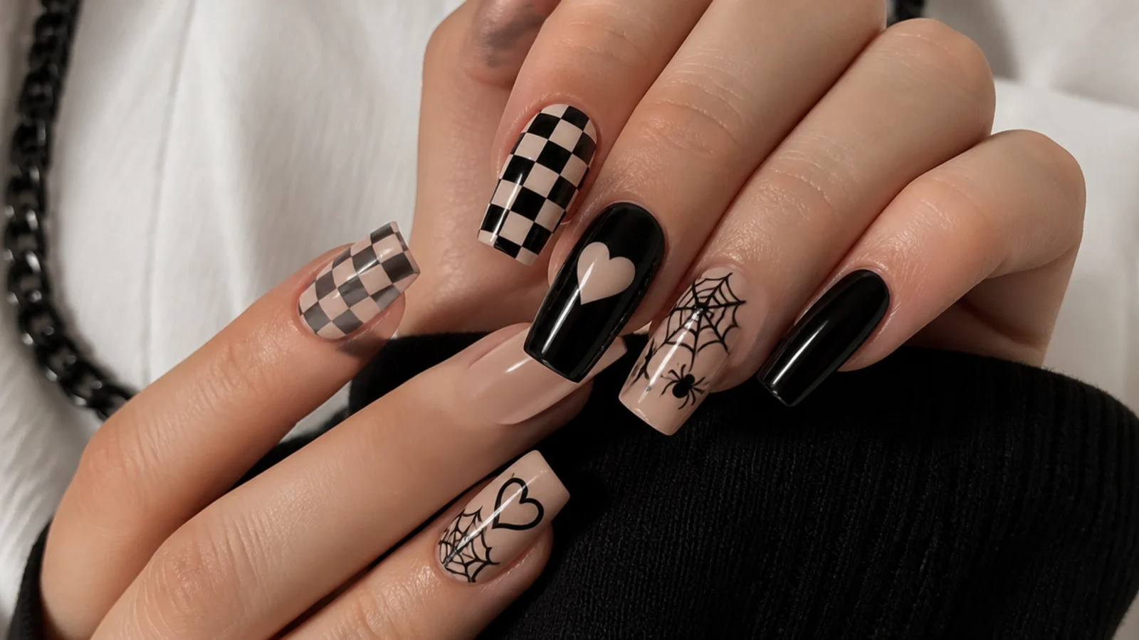 Black acrylic nails with checkerboard, hearts and spiderweb emo motifs