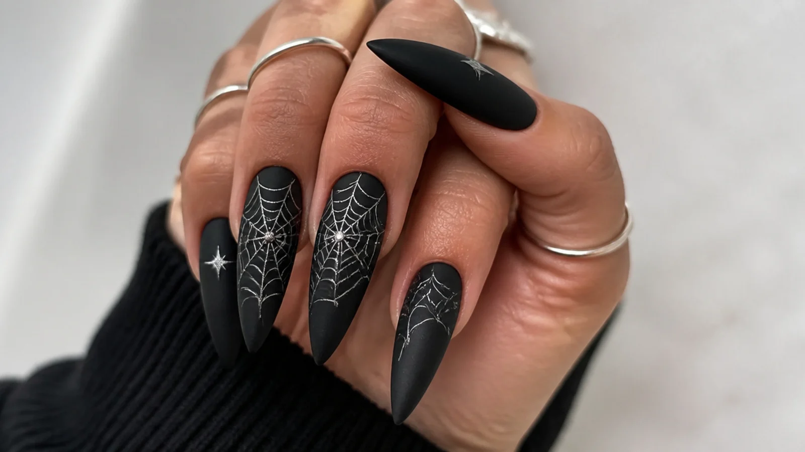 Matte black spiderweb emo baddie nails on long stiletto tips