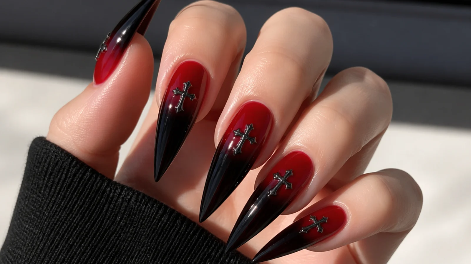 Blood red to black ombre emo baddie nails on long stiletto claws