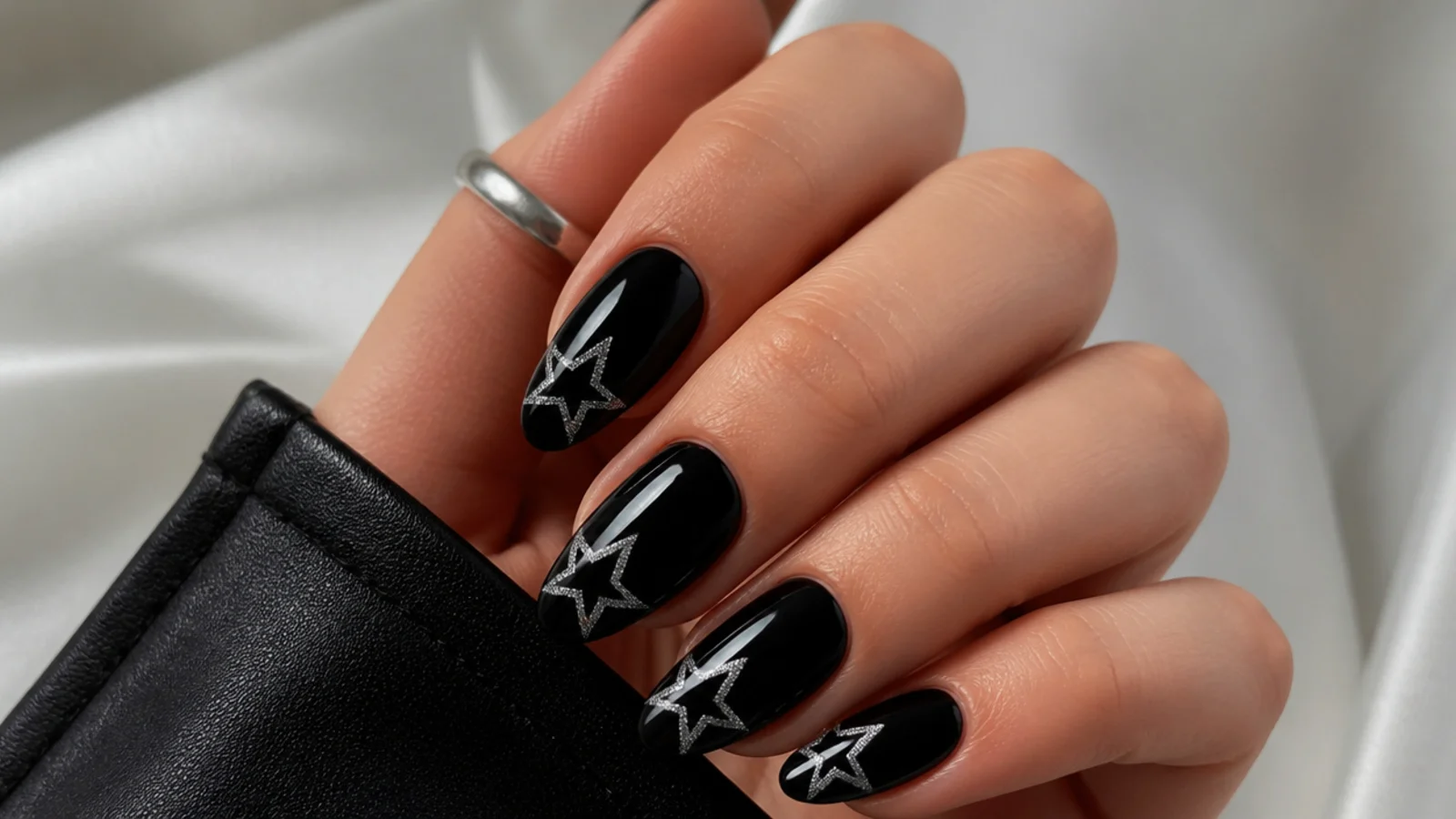 Black nails with silver star tips, Y2K emo baddie style