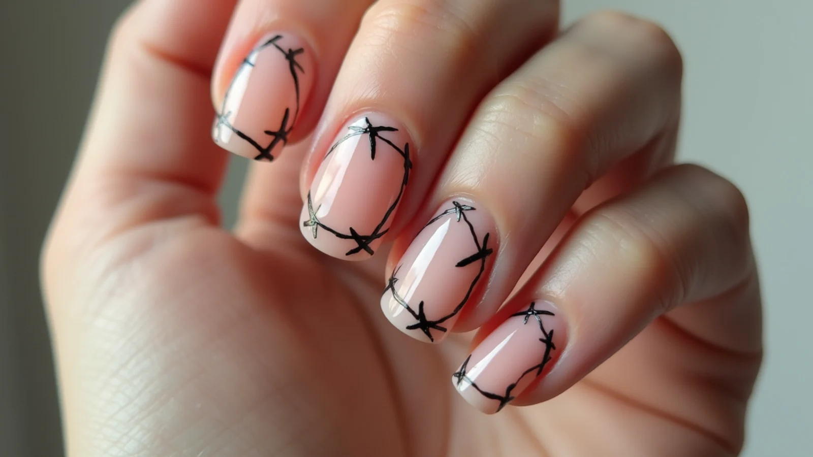 Sheer nude emo baddie nails with fine black barbed wire line art